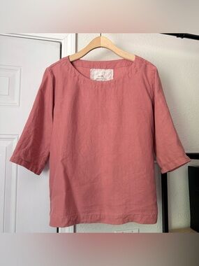 NOTPERFECTLINEN peach clay pink linen boat neck long 3/4 sleeve boxy shirt top